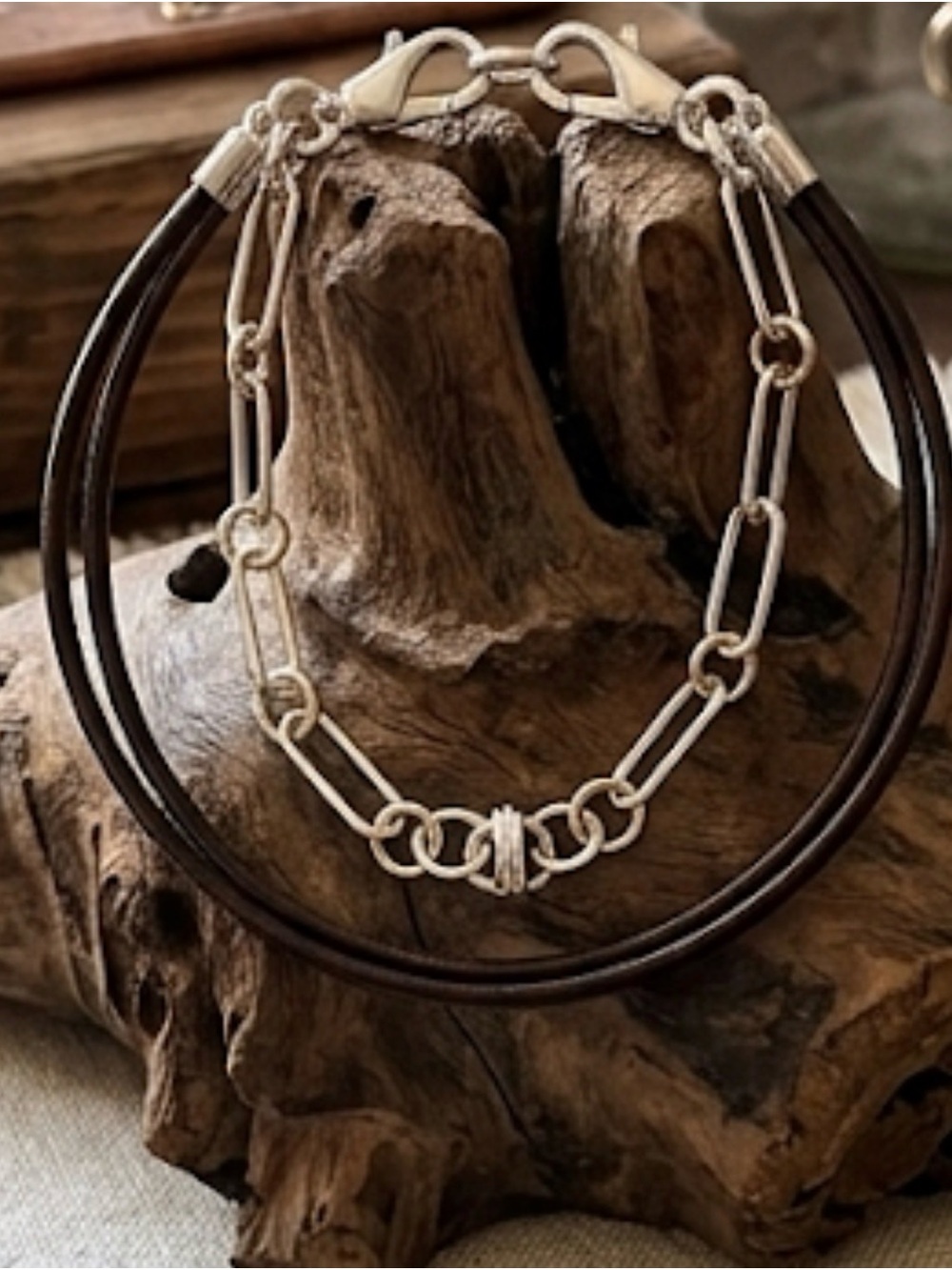Artisan Silver Link Bracelet with Dark Brown Leather
